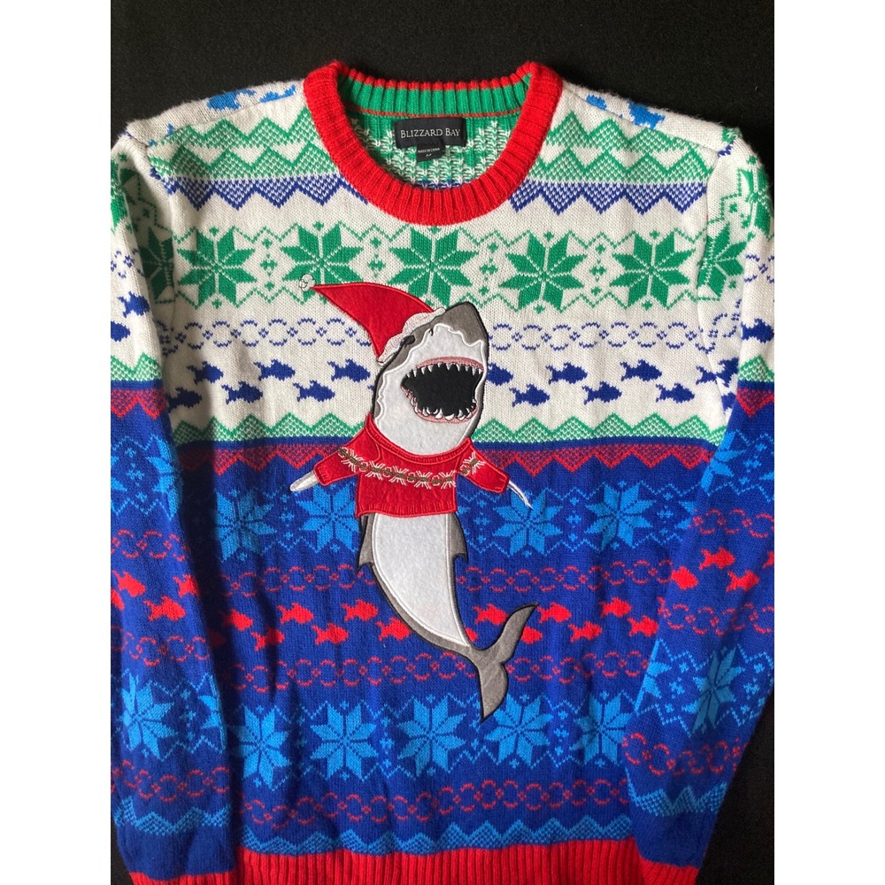 Blizzard Bay Mens Medium Shark Ugly Christmas Sweater Blue Fair Isle Santa Hat